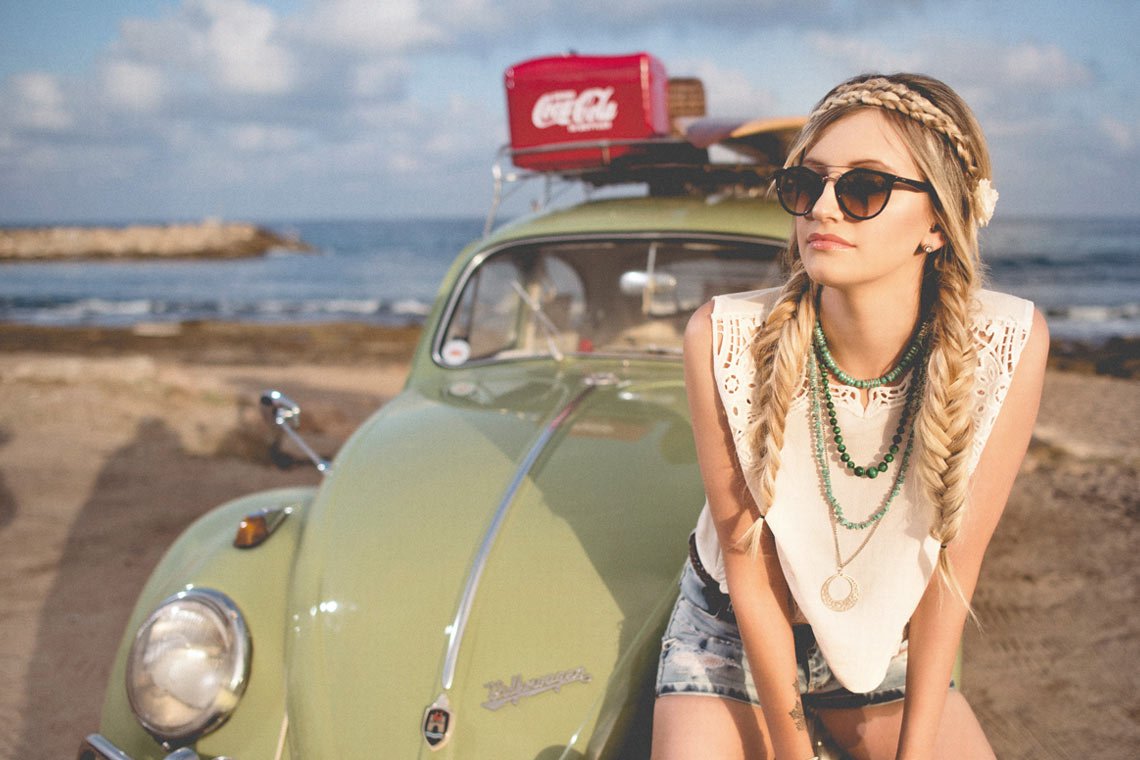 Beach girl on volkswagen beetle wallpaper by Amos Bar-Zeev