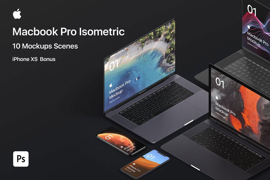 MacBook Pro 10 Isometric Mockup Set