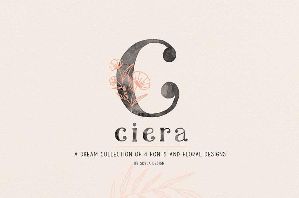Ciera Watercolor SVG font, florals & logos