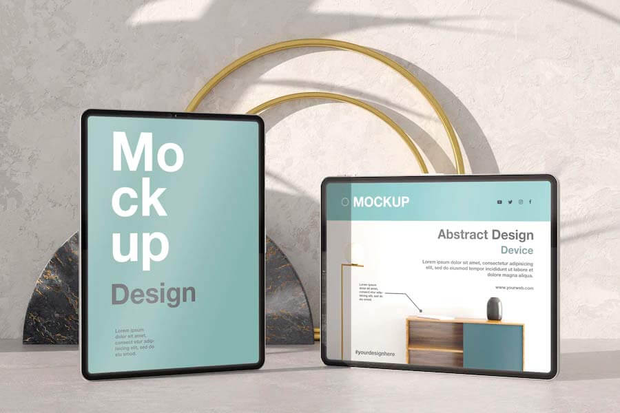 Tablet Mockup Composition with Stone and Metallic Elements