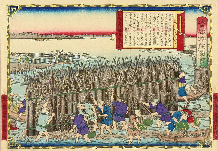 Oyster farming, Aki Province, Utagawa Hiroshige III