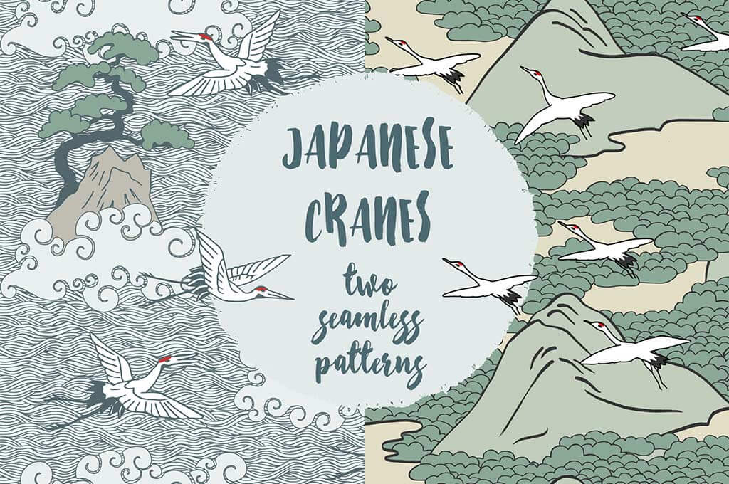 Japanese Cranes - Two Hand Drawn Seamless Pattern