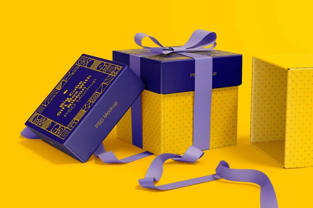 Big Cube Gift Boxes with Ribbon Mockup, Front View