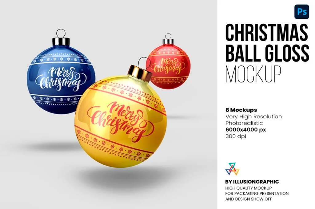 Christmas Ball Gloss Mockup — 8 Views