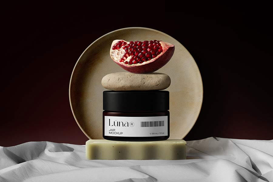 Free Cosmetic Jar Mockup With Pomegranate