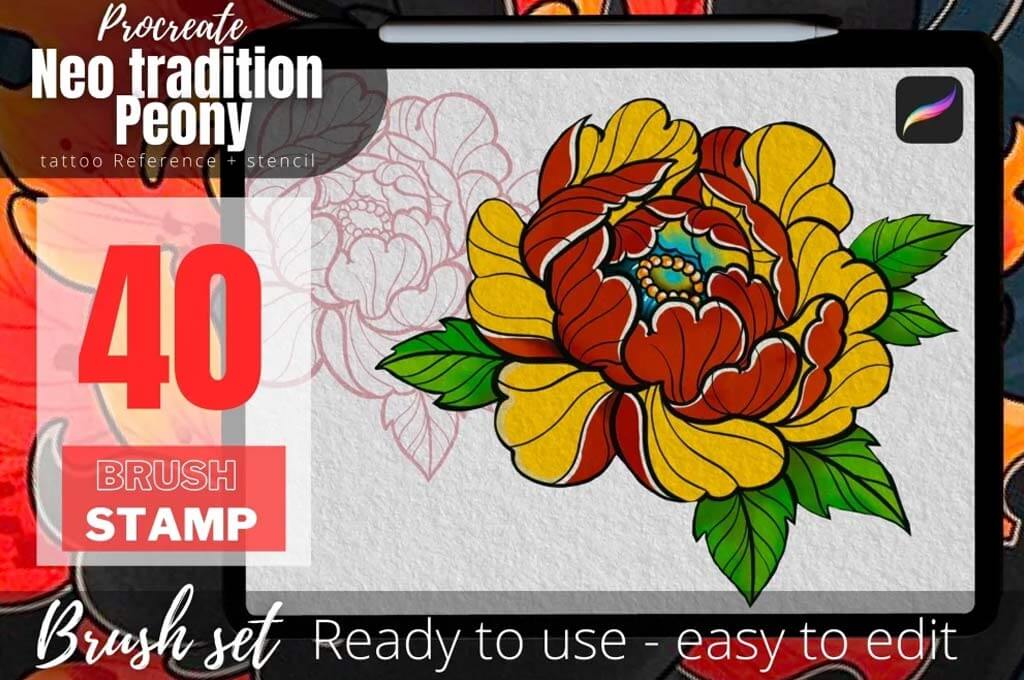 Neo Tradition Peony Tattoo Stencil