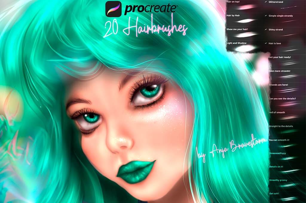 20 Free Hair Brushes for Procreate app by Anja Bravestorm